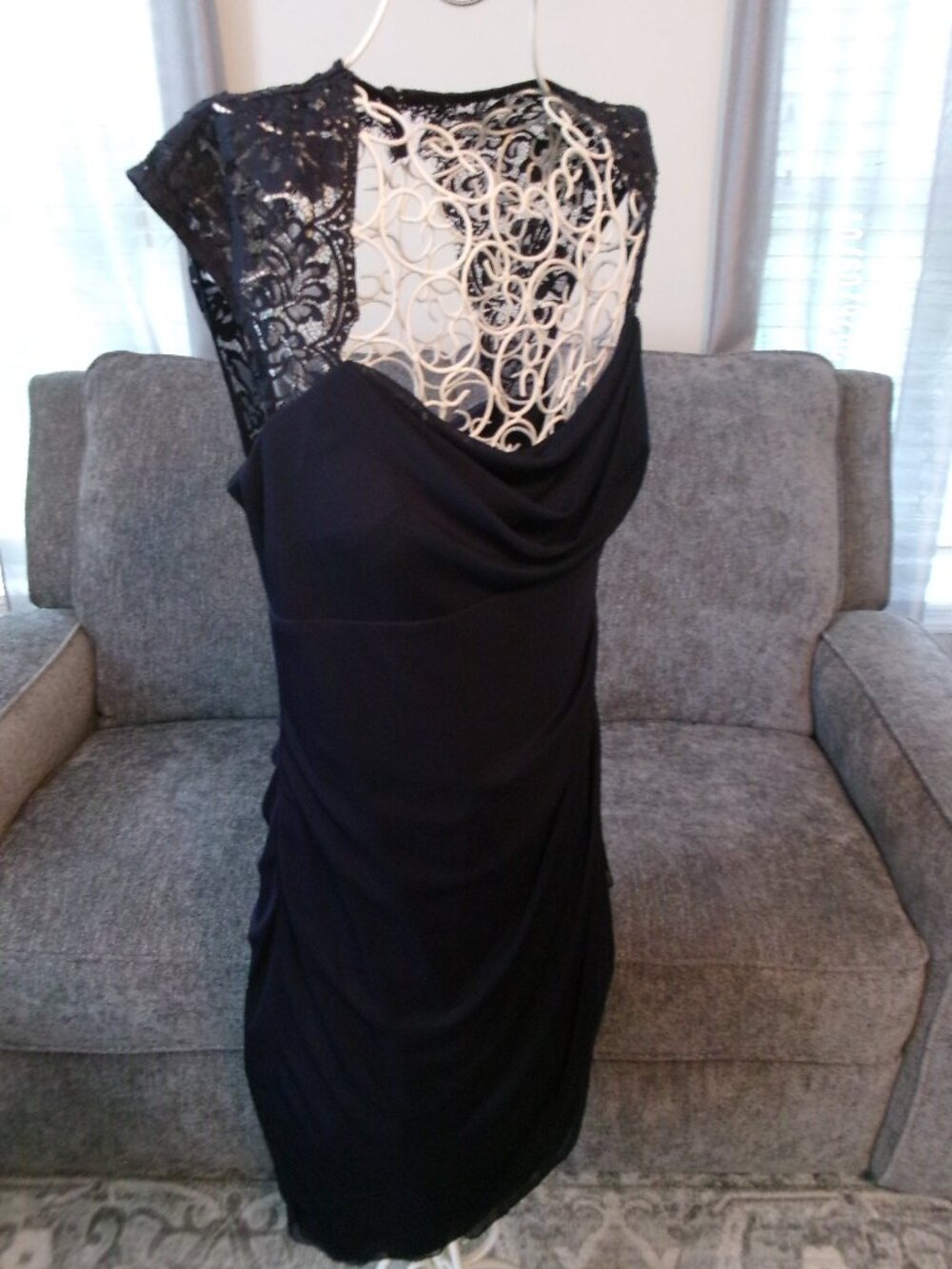 Xscape By Joanna Chen Size 12 Midi Navy Blue Lace V Neckline Evening Dress